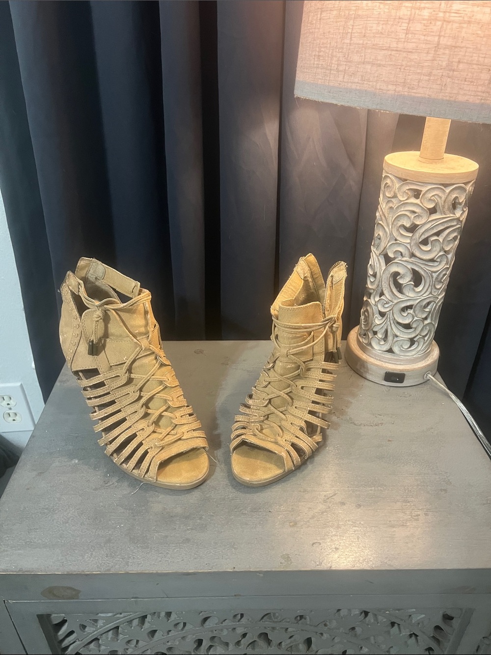 Sugar Tan Suede Strappy Lace-Up Peep Toe Heel